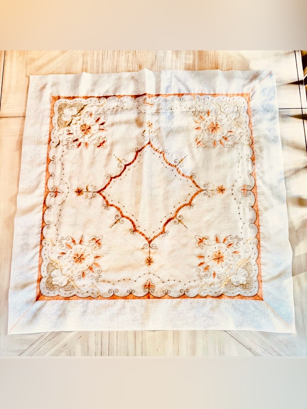 Vintage Italian Coprimacchia Hand Embroidered Linen Organdy Table Topper 34”